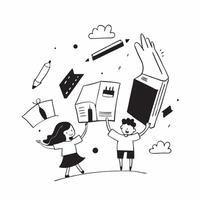 Kids with School Supplies and Floating School concept as Kids with school supplies and a floating school in the background set against a plain background offering space for text or Cleans vector
