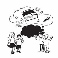 Kids with School Bus and Floating Supplies concept as Kids standing with a school bus and floating school supplies around them with a Cleans background offering space for text or gr Cleans vector