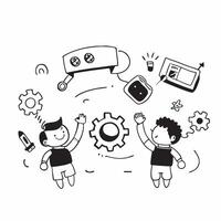 Kids with Robot Kits and Floating Gears concept as Kids with robot kits and floating gears around them set against a blank background offering space for text or design elements sym Cleans vector