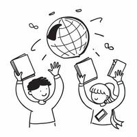 Kids with Maps and Floating School Globe concept as Kids holding maps with a floating school globe behind them set against a blank background offering ample space for text or desig Cleans vector