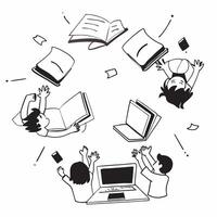 Kids with Laptops and Floating Classroom concept as Kids using laptops with a floating classroom around them set against a Cleans background offering space for text or graphics symb Cleans vector