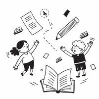 Kids with Magic Rulers and Floating Homework concept as Kids with magic rulers and floating homework pages with a plain background offering space for text or graphics symbolizing a Cleans vector