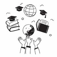 Kids with Globes and Floating School Books concept as Kids holding globes with floating school books around them set against a blank background providing ample space for text or gr Cleans vector