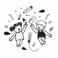Kids with Crayons and Floating Art Supplies concept as Kids holding crayons with floating art supplies around them set against a blank background with space for text or design elem Cleans vector