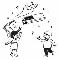 Kids with Books and Magical School Bus concept as Kids holding books with a magical school bus floating nearby set against a plain background providing space for text or design ele Cleans vector