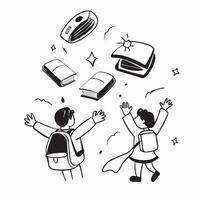 Kids with Backpacks and Flying Books concept as Kids with backpacks surrounded by flying books set against a Cleans background offering space for text or design elements symbolizing Cleans vector