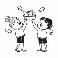Kids with Chicken Wings and Floating Delivery Basket concept as Kids holding chicken wings with a floating delivery basket set against a Cleans background providing ample space for Cleans vector