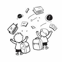 Kids with Backpacks and Floating Timetables concept as Kids with backpacks and floating timetables around them set against a Cleans background offering ample space for text or graph Cleans vector