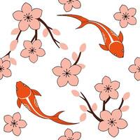 Japanese Sakura and Koi Fish seamless tile pattern with soft pinks and vibrant oranges for serene home decor concept as Soft pink sakura blossoms and vibrant orange koi fish arrang Cleans vector