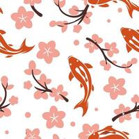 Japanese Sakura and Koi seamless tile pattern with soft pinks and vibrant oranges for tranquil home decor concept as Soft pink sakura blossoms and vibrant orange koi fish arranged Cleans vector
