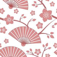 Japanese cherry blossoms and traditional fans seamless tile pattern with soft pink and white tones concept as Soft pink and white tones highlight Japanese cherry blossoms intertwin Cleans vector
