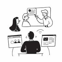 IT specialist managing a hybrid tech support meeting concept as An IT specialist managing a hybrid tech support meeting with staff in the office and remote emphasizing problem solv Cleans vector