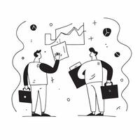 Investor Team with Briefcases and Stock Charts concept as An investor team holding briefcases and reviewing stock charts set against a whimsical background offering ample space for Cleans vector