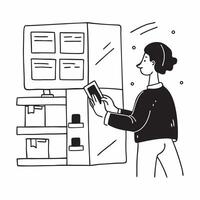 Inventory Specialist with Barcode Scanner and Shelves in High Tech Warehouse concept as Long shot of an inventory specialist using a barcode scanner in front of neatly organized sh Cleans Set 2 vector