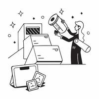Inventory Clerk with Barcode Scanner and Digital Inventory System in Enchanted Warehouse concept as Long shot of an inventory clerk using a barcode scanner and a digital inventory Cleans vector