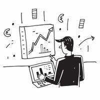 Investment banker evaluating mergers and acquisitions using stock valuation data concept as An investment banker in a high rise office evaluating mergers and acquisitions using sto Cleans vector