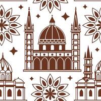 Intricate folk art patterns and historic buildings seamless tile design with earthy tones concept as Earthy tones emphasize intricate folk art patterns and historic buildings in se Cleans vector