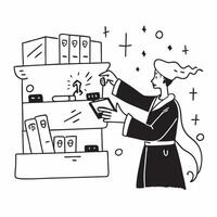Inventory Specialist with Barcode Scanner and Shelves in High Tech Warehouse concept as Long shot of an inventory specialist using a barcode scanner in front of neatly organized sh Cleans vector