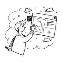 Innovator with Prototype and Data Chart concept as An innovator reviewing a prototype and analyzing a data chart set against a dreamy background offering ample space for text or gr Cleans vector