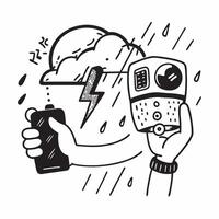Individual with a travel action cam rainstorm and rain cover overlay symbolizing storm timelapse with copy space concept as An individual blended with a travel action cam rainstor Cleans vector