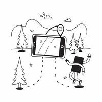 Individual with a tablet forest trail and mobile hotspot overlay symbolizing tech savvy nature exploration with copy space concept as An individual blended with a tablet forest tr Cleans vector