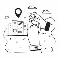 Individual with a smartwatch urban view and virtual tour overlay symbolizing tech assisted urban exploration with copy space concept as An individual blended with a smartwatch urb Cleans vector