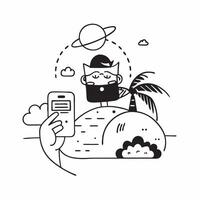 Individual with a smartphone tropical island and Bluetooth headset overlay symbolizing tropical island remote work with copy space concept as An individual blended with a smartpho Cleans vector
