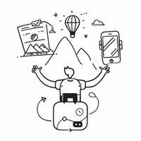 Individual with a smartphone mountain view and travel backpack overlay symbolizing travel work life balance with copy space concept as An individual blended with a smartphone moun Cleans vector
