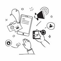Individual with a smartphone and viral marketing icons overlay symbolizing viral marketing with copy space concept as An individual blended with a smartphone and viral marketing i Cleans vector
