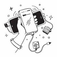 Individual with a portable charger smartphone and power bank overlay symbolizing travel tech essentials with copy space concept as An individual blended with a portable charger sm Cleans vector