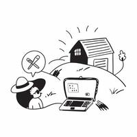 Individual with a laptop rural farm and portable fan overlay symbolizing farm based remote work with copy space concept as An individual blended with a laptop rural farm and porta Cleans vector