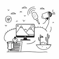 Individual with a laptop stand lake view and noise cancelling headphones overlay symbolizing lakeside remote work with copy space concept as An individual blended with a laptop st Cleans vector