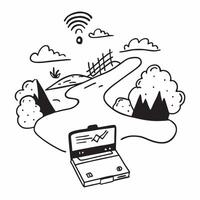 Individual with a laptop scenic river and wireless keyboard overlay symbolizing riverside remote work with copy space concept as An individual blended with a laptop scenic river a Cleans vector