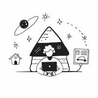 Individual with a laptop snowy cabin and satellite phone overlay symbolizing winter cabin remote work with copy space concept as An individual blended with a laptop snowy cabin an Cleans vector