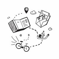Individual with a digital notebook urban trail and foldable bike overlay symbolizing trail based work with copy space concept as An individual blended with a digital notebook urba Cleans vector