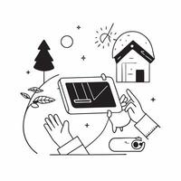 Individual with a digital pen forest cabin and solar charger overlay symbolizing eco friendly remote work with copy space concept as An individual blended with a digital pen fores Cleans vector