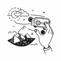 Individual with a drone travel camera and scenic view overlay symbolizing tech enhanced travel photography with copy space concept as An individual blended with a drone travel cam Cleans vector