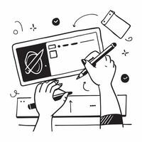 Human hands using a graphic tablet with a design software interface with copy space concept as Human hands using a graphic tablet with a design software interface symbolizing crea Cleans vector