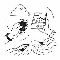 Hydrologist with Smartwatch and Flood Monitoring in River Basin concept as Mid shot of a hydrologist using a smartwatch to monitor flood levels in a river basin The background fea Cleans vector