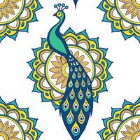 Indian mandala patterns and peacocks seamless tile pattern with vibrant colors concept as Vibrant colors highlight Indian mandala patterns intertwined with peacocks in seamless til Cleans Set 2 vector