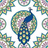 Indian mandala patterns and peacocks seamless tile pattern with vibrant colors concept as Vibrant colors highlight Indian mandala patterns intertwined with peacocks in seamless til Cleans vector