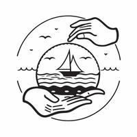 Human hands holding a sailboat against the ocean horizon with copy space concept as Human hands holding a sailboat against the ocean horizon symbolizing adventure freedom and drea Cleans vector