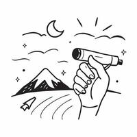 Human hands holding a telescope overlooking a valley with copy space concept as Human hands holding a telescope overlooking a valley symbolizing exploration freedom and new horizo Cleans vector