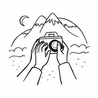 Human hands holding a camera overlooking a mountain range with copy space concept as Human hands holding a camera overlooking a mountain range symbolizing exploration freedom and Cleans vector