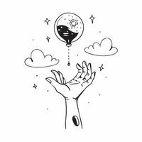 Human hands holding a balloon floating upwards with open sky with copy space concept as Human hands holding a balloon floating upwards against an open sky symbolizing freedom joy Cleans vector