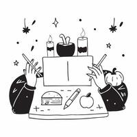 Human hands arranging a festive table with candles and pumpkins with copy space concept as Human hands arranging a festive table with candles and pumpkins capturing the holiday sp Cleans vector