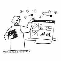 Financial Data Scientist with Laptop and Data Models in High Tech Lab concept as Long shot of a financial data scientist using a laptop and analyzing data models in a high tech lab Cleans Set 2 vector