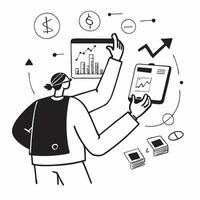 Financial analyst using augmented reality for interactive stock valuation concept as A financial analyst in an office using augmented reality on a tablet for interactive stock valu Cleans vector