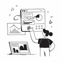 Financial Analyst with Laptop and Data in High Tech Office concept as Long shot of a financial analyst with a laptop and data in a high tech office The setting includes digital in Cleans vector