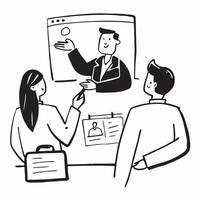 Financial analyst presenting stock valuations in a hybrid meeting concept as A financial analyst presenting stock valuations in a hybrid meeting with reports displayed in the offic Cleans Set 2 vector